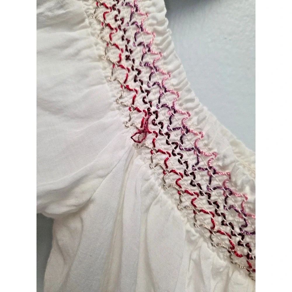 FREE PEOPLE XS Boho White Embroidered Mini Dress Smocked Off Shoulder Sunbeams - Picture 5 of 11